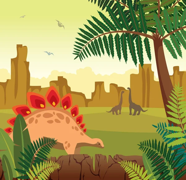 Доисторический пейзаж - динозавр, гора, папоротник — стоковый вектор