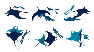 Silhouette mantas ve dalıcı. Vektör toplama.