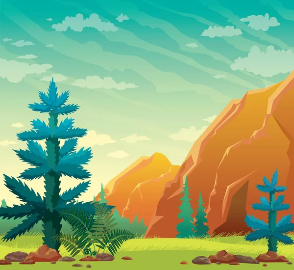 Illustrazione della natura estiva abete, montagna, grotta, erba — Vettoriale Stock