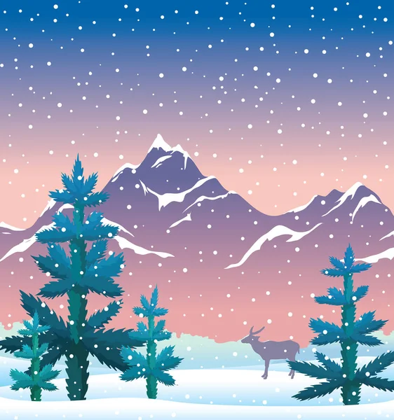 Natureza de inverno ilandscape - abeto, montanhas, cervos, neve, pôr do sol sk —  Vetores de Stock