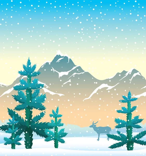 Naturaleza de invierno ilandscape - abeto, montañas, ciervos, nieve . — Vector de stock