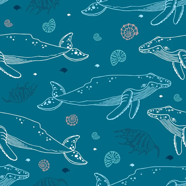 Marine pattern with whales and seashells. — Stock Vector