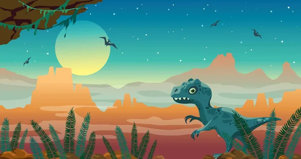 Prehistoric nature - tyrannosaur, fern, mountains and pterodacty — 스톡 벡터