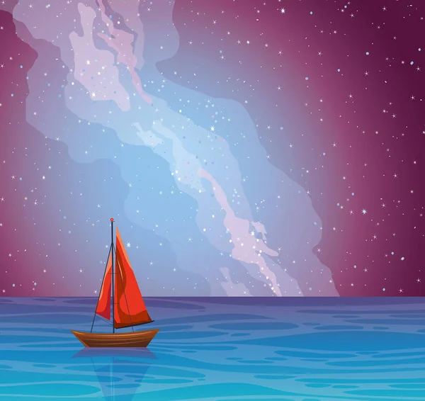 Paisaje marino con barco y cielo nocturno . — Archivo Imágenes Vectoriales