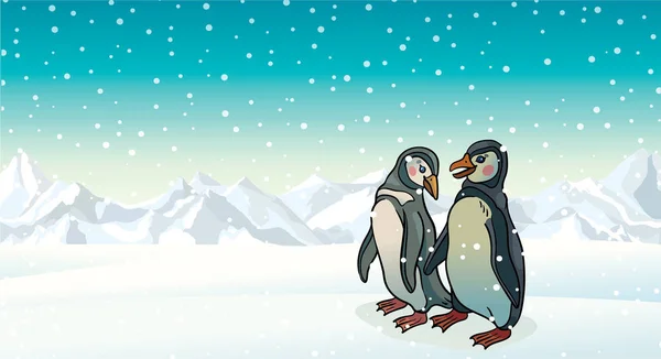 Pinguïns, bergen en blauwe lucht. — Stockvector
