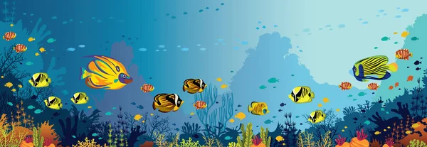Podvodní Příroda Mořská Zvěř Škola Tropických Ryb Korálových Útesů Modrém — Stockový vektor