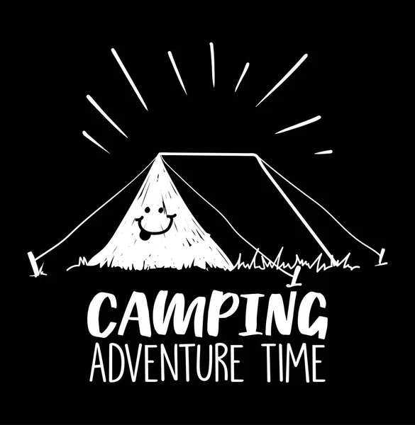 Acampar aventura tempo ilustração com tenda e sorriso sobre ele . —  Vetores de Stock