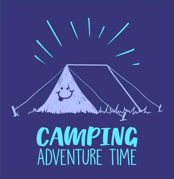 텐트와 그것에 미소 캠핑 모험 시간 그림. 색깔의 그림. — 스톡 벡터