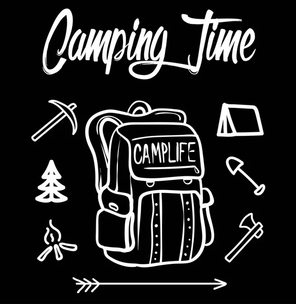 Camping tijd illustratie, volledig schaalbaar. Gebruiken voor T-shirt afdrukken, kleuren en tekst wijzigen. Vector patroon. — Stockvector