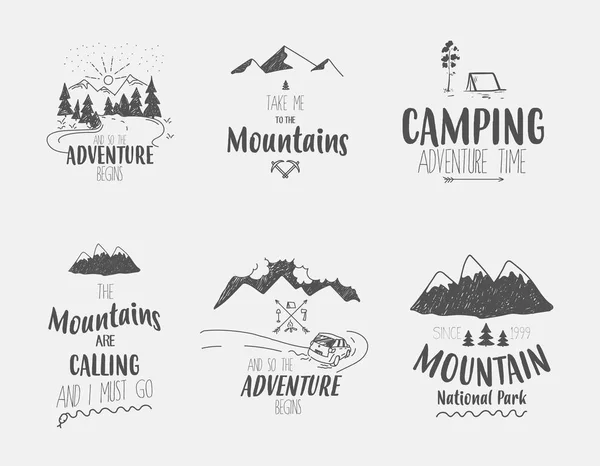 Set van 6 eenvoudige en cool kamperen en reizen-illustraties. — Stockvector