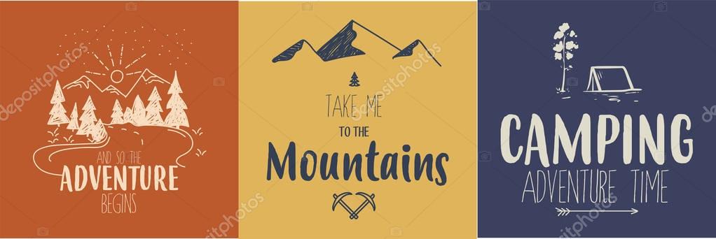 Set of 3 colorful camping logos. Traveling quotes. Vector.