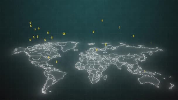 Animatie Van Stijgende Dollartekens Boven Wereldkaart Wereldwijde Donatie Van Geld — Stockvideo