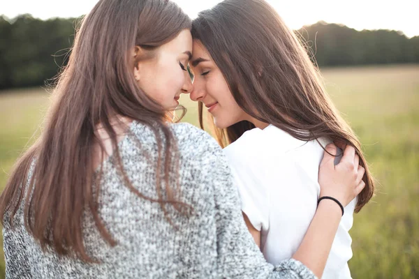 Due Ragazze Che Abbracciano Sul Campo Verde Giorno — Foto Stock