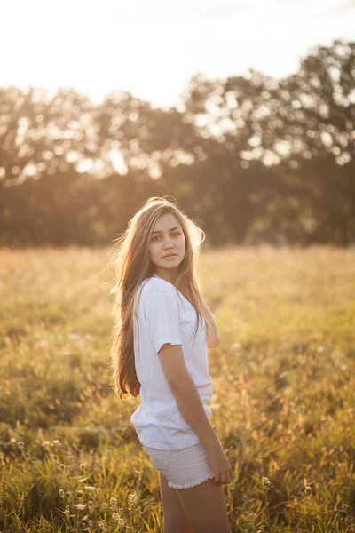 Schöne Unbeschwerte Mädchen Auf Dem Feld Bei Sonnenuntergang — Stockfoto