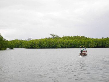 Bulutlu gökyüzü altında sığ Okyanusu üzerinde tekne