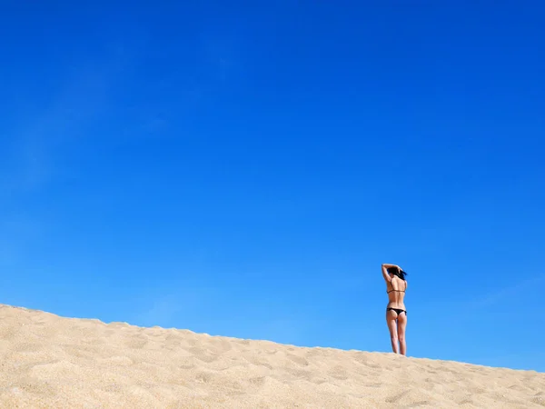 Сексуальная девушка в бикини, стоящая спиной к спине на песчаном пляже с большим голубым небом — стоковое фото