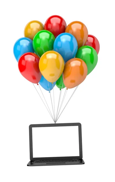 Μάτσο μπαλόνια, κρατώντας ψηλά έναν φορητό υπολογιστή — Φωτογραφία Αρχείου