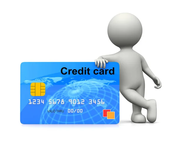 Λευκό 3d χαρακτήρα έγειρε στην πιστωτική κάρτα — Φωτογραφία Αρχείου