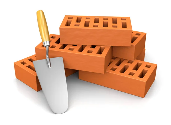 Trowel Leaned Against a Stack of Bricks — Stock Photo, Image