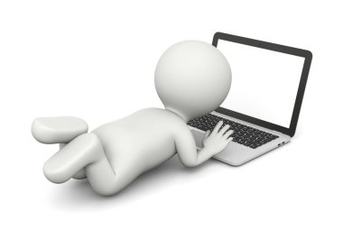 Küçük beyaz bir dizüstü bilgisayar kullanarak 3d karakter