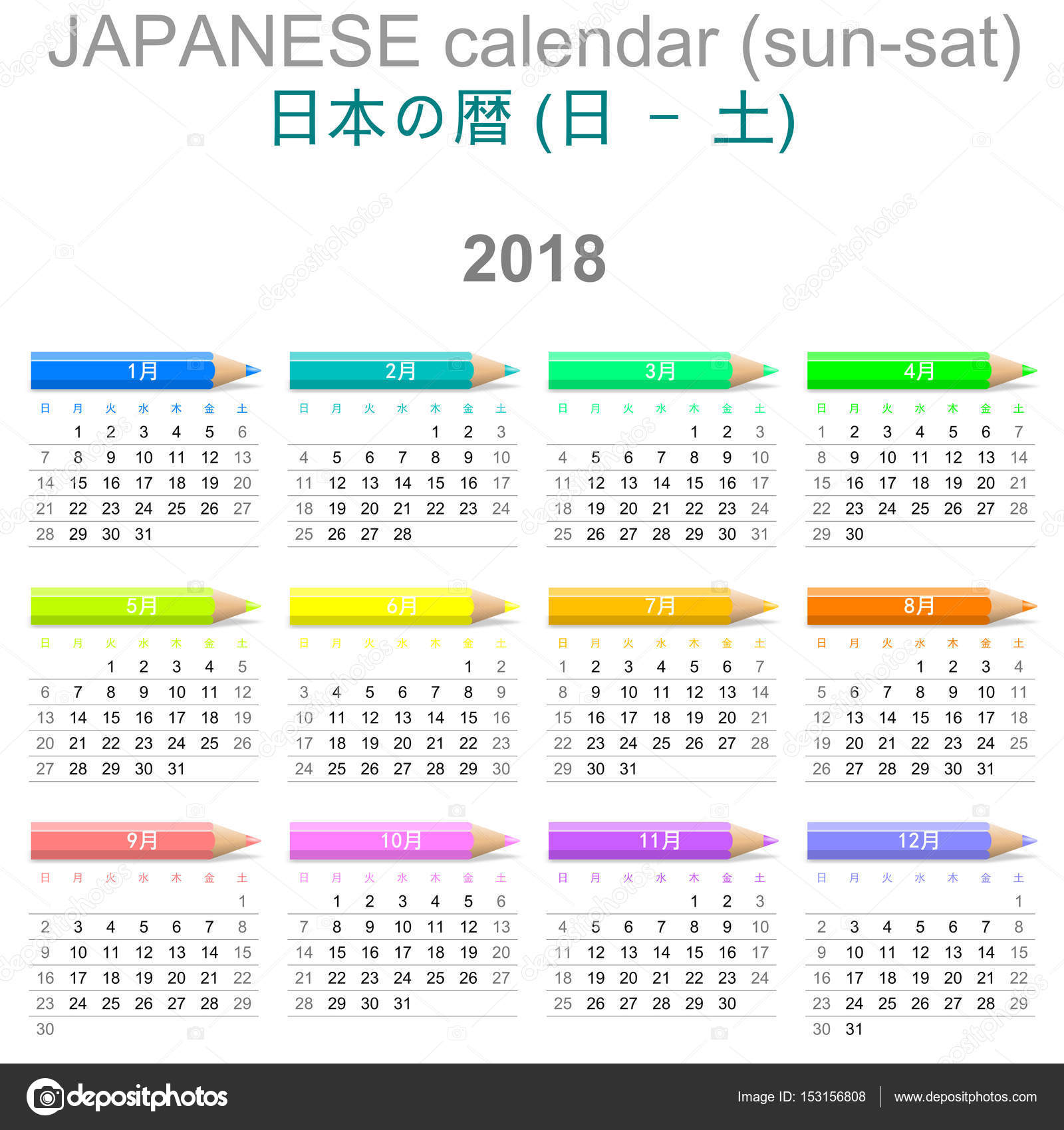18 Crayons Calendar Japanese Version Sunday To Saturday Stock Photo By C Mrgao