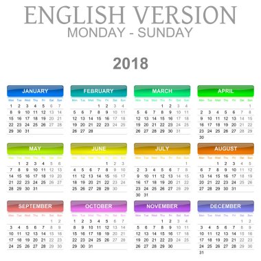 2018 takvim İngilizce dil sürümü Pazartesi-Pazar