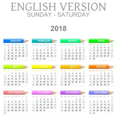 2018 boya kalemi İngilizce sürüm takvimi Pazar-Cumartesi