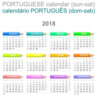 2018 boya kalemi Portekizce sürümü Pazar-Cumartesi takvimi