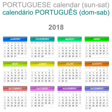 2018 takvim Portekizce dil sürümü Pazar-Cumartesi
