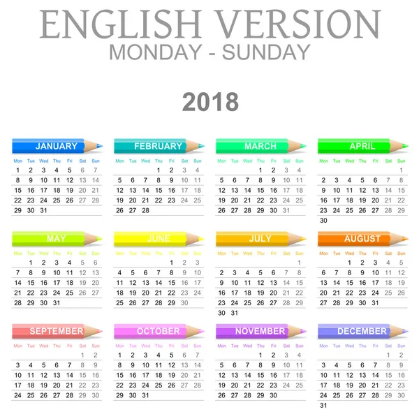 2018 Crayons Calendar English Version Monday to Sunday — Stock Photo, Image