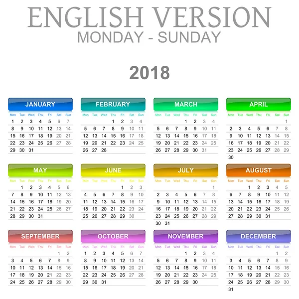 2018 naptár angol nyelvű változat hétfőtől vasárnapig — Stock Fotó