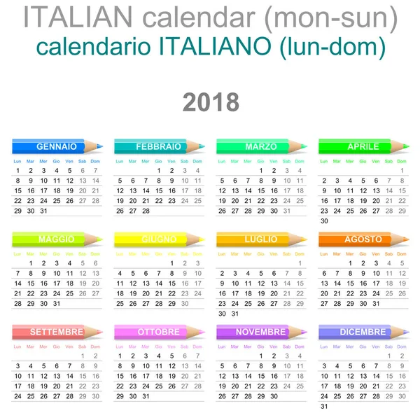 2018 Crayons Calendar Italian Version Monday to Sunday — Stock Photo, Image
