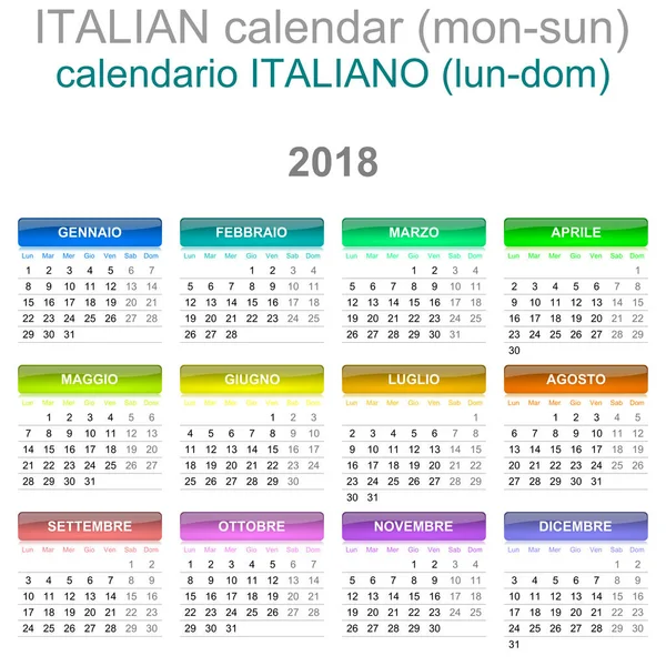 2018 ปฏิทิน เวอร์ชั่นภาษาอิตาลี วันจันทร์ถึงวันอาทิตย์ — ภาพถ่ายสต็อก