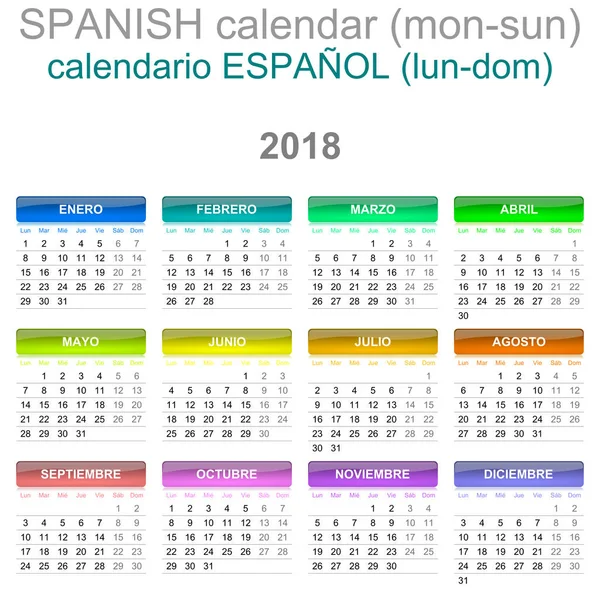 2018 kalendarz język hiszpański wersja od poniedziałku do niedzieli — Zdjęcie stockowe