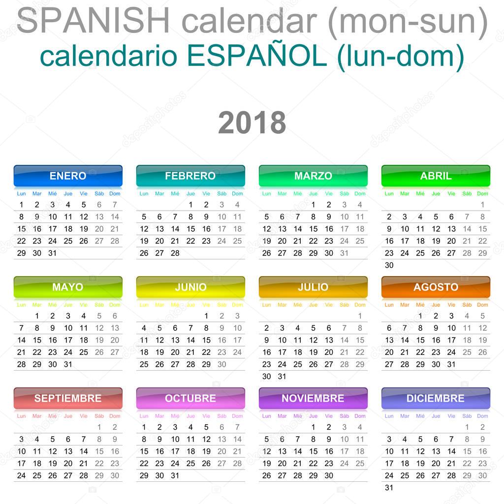 2018 Calendar Spanish Language Version Monday to Sunday