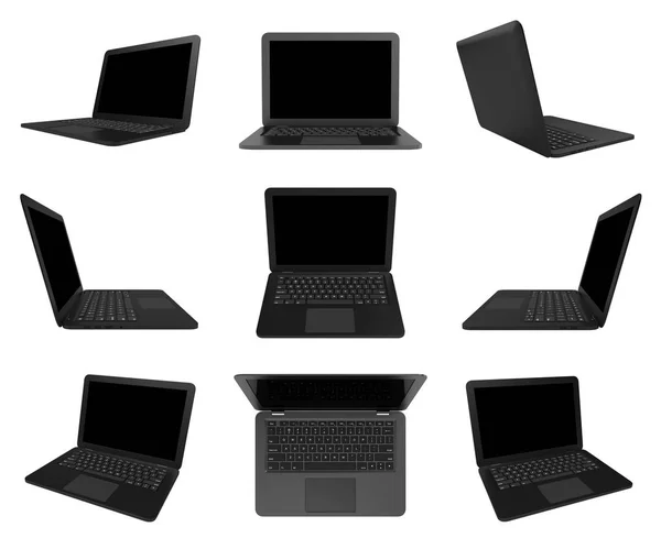 Computer portatile nero isolato su bianco, serie di viste multiple — Foto Stock