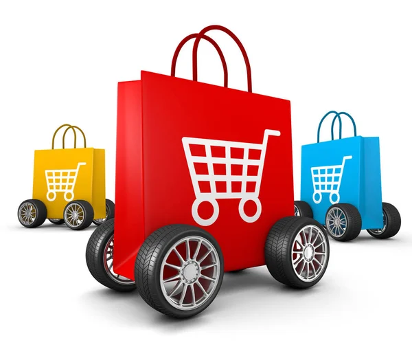 Bolsas de compras con Símbolo de carro y ruedas — Foto de Stock