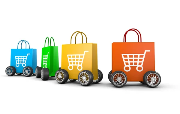 Raw of Shopping Bags with Cart Symbol and Wheels — Stock Photo, Image