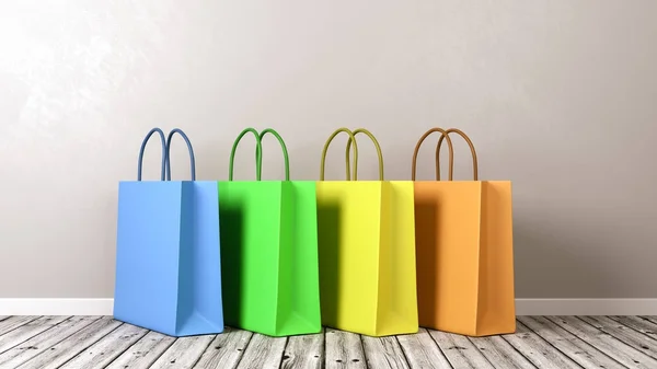 Shopping Bags on Wooden Floor Against Wall — Stock Photo, Image