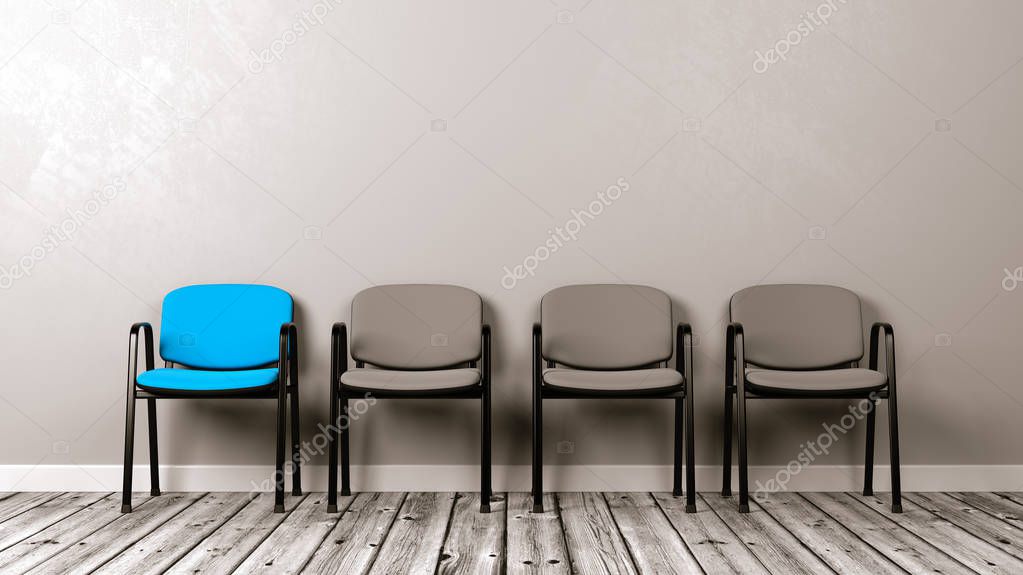 One Different Colored Chair in a Row of Grey