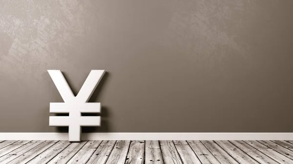 Yen or Yuan Currency Sign on Wooden Floor Against Wall — Stock Photo, Image