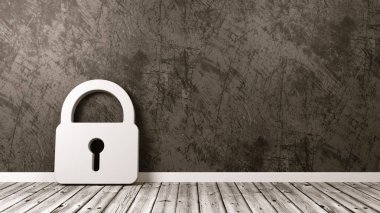 Asma kilit simgesi duvara ahşap zemin üzerinde