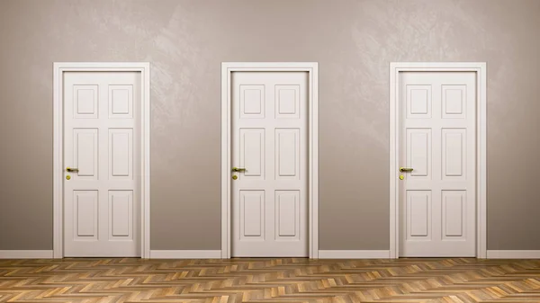 Üç beyaz kapılar önünde odasında kapalı — Stok fotoğraf