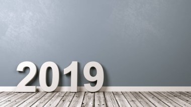 Duvara karşı ahşap zemin üzerinde 2019 numarası metni