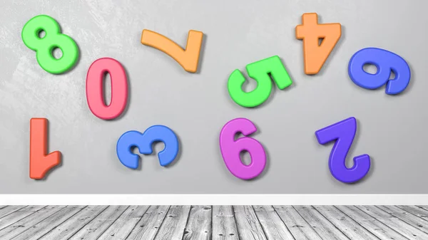 3D Colorful Numbers Against Wall in a Wooden Floor Room — 스톡 사진