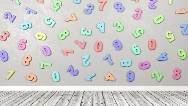 3D Colorful Numbers Against Wall in a Wooden Floor Room — Stok fotoğraf