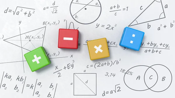 Math Operators Cubes on Whiteboard with Formulas, Graphs and Symbols — Stockfoto