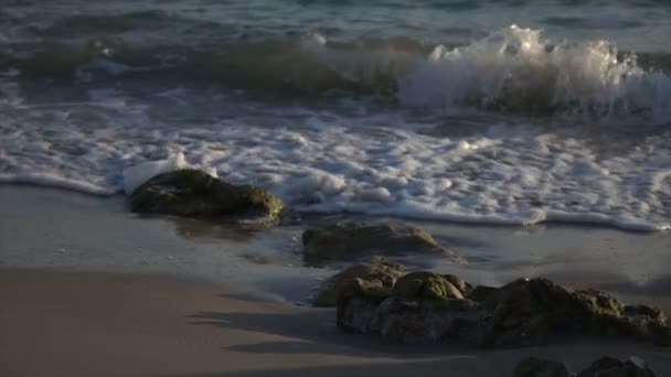 Slow Motion Surf wassen Over rotsachtig strand — Stockvideo