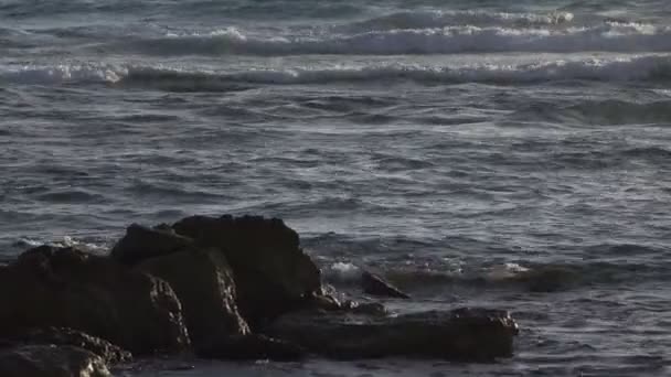 Dalgalar kayaların üzerinde Beach üzerinde yavaş yavaş yıkama sıkı atış — Stok video