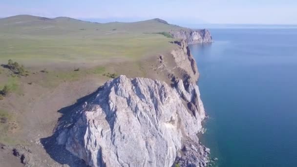 Baikal lake shore and rocks from aerial view — Stock Video